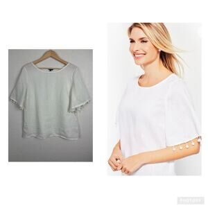 Talbots Linen Women’s‎ Top Sz Medium White Pom Beachy Breathable natural fibers